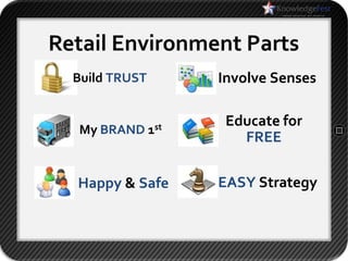 Retail Environment Parts
  Build TRUST         Involve Senses

                       Educate for
  My BRAND      1st
                         FREE

  Happy & Safe        EASY Strategy
 