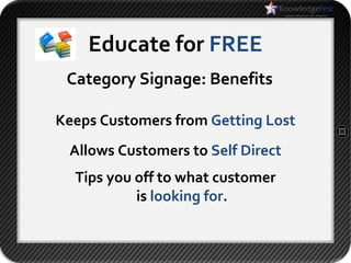 Educate for FREE
 Category Signage: Benefits

Keeps Customers from Getting Lost
 Allows Customers to Self Direct
  Tips you off to what customer
           is looking for.
 
