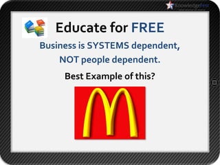 Educate for FREE
Business is SYSTEMS dependent,
    NOT people dependent.
     Best Example of this?
 