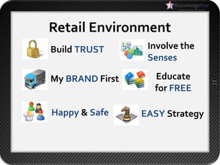 Retail Environment
Build TRUST       Involve the
                  Senses

My BRAND First     Educate
                   for FREE

Happy & Safe     EASY Strategy
 