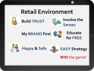 Retail Environment
Build TRUST       Involve the
                  Senses

My BRAND First      Educate
                    for FREE

Happy & Safe     EASY Strategy
                 WIN the game!
 