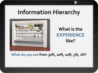 Information Hierarchy

                             What is the
                            EXPERIENCE
                               like?

What do you see from 30ft, 20ft, 10ft, 5ft, 2ft?
 