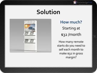 Solution
        How much?
           Starting at
           $32 /month
       How many remote
      starts do you need to
       sell each month to
        make $32 in gross
             margin?
 