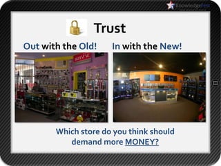 Trust
Out with the Old!    In with the New!




       Which store do you think should
          demand more MONEY?
 