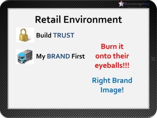 Retail Environment
Build TRUST
                  Burn it
My BRAND First   onto their
                 eyeballs!!!
                 Right Brand
                   Image!
 