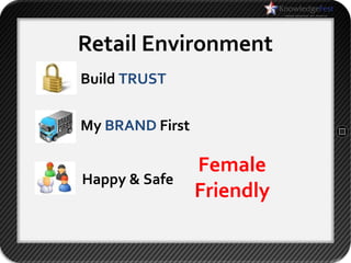 Retail Environment
Build TRUST

My BRAND First

                 Female
Happy & Safe
                 Friendly
 