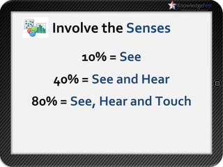 Involve the Senses
       10% = See
   40% = See and Hear
80% = See, Hear and Touch
 