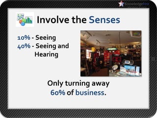 Involve the Senses
10% - Seeing
40% - Seeing and
     Hearing



         Only turning away
          60% of business.
 