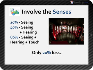 Involve the Senses
10% - Seeing
40% - Seeing
     + Hearing
80% - Seeing +
Hearing + Touch

           Only 20% loss.
 
