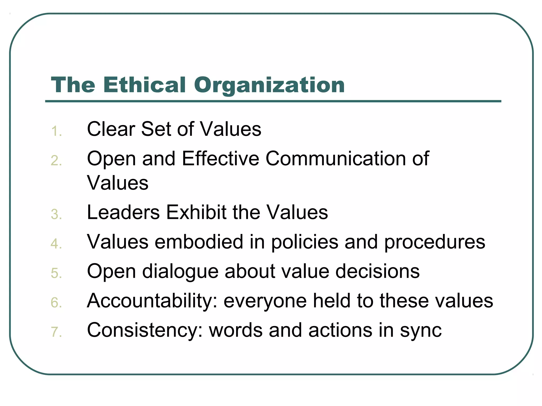 The Ethical Organization

1.   Clear Set of Values
2.   Open and Effective Communication of
     Values
3.   Leaders Exhibit the Values
4.   Values embodied in policies and procedures
5.   Open dialogue about value decisions
6.   Accountability: everyone held to these values
7.   Consistency: words and actions in sync
 