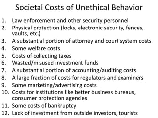 Societal Costs of Unethical Behavior
1. Law enforcement and other security personnel
2. Physical protection (locks, electronic security, fences,
vaults, etc.)
3. A substantial portion of attorney and court system costs
4. Some welfare costs
5. Costs of collecting taxes
6. Wasted/misused investment funds
7. A substantial portion of accounting/auditing costs
8. A large fraction of costs for regulators and examiners
9. Some marketing/advertising costs
10. Costs for institutions like better business bureaus,
consumer protection agencies
11. Some costs of bankruptcy
12. Lack of investment from outside investors, tourists