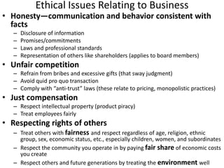 Ethical Issues Relating to Business
• Honesty—communication and behavior consistent with
facts
–
–
–
–
Disclosure of information
Promises/commitments
Laws and professional standards
Representation of others like shareholders (applies to board members)
• Unfair competition
– Refrain from bribes and excessive gifts (that sway judgment)
– Avoid quid pro quo transaction
– Comply with “anti-trust” laws (these relate to pricing, monopolistic practices)
• Just compensation
– Respect intellectual property (product piracy)
– Treat employees fairly
• Respecting rights of others
– Treat others with fairness and respect regardless of age, religion, ethnic
group, sex, economic status, etc., especially children, women, and subordinates
– Respect the community you operate in by paying fair share of economic costs
you create
– Respect others and future generations by treating the environment well