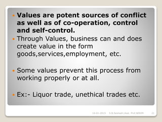  Values are potent sources of conflict
as well as of co-operation, control
and self-control.
 Through Values, business can and does
create value in the form
goods,services,employment, etc.
 Some values prevent this process from
working properly or at all.
 Ex:- Liquor trade, unethical trades etc.
16-01-2015 21S.B.Seshadri,Asst. Prof,NERIM
 