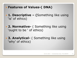  Features of Values-( DNA)
 1. Descriptive – (Something like using
‘is’ of ethics)
 2. Normative- ( Something like using
‘ought to be ‘ of ethics)
 3. Analytical- ( Something like using
‘why’ of ethics)
16-01-2015 25S.B.Seshadri,Asst. Prof,NERIM
 