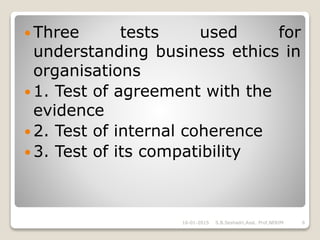  Three tests used for
understanding business ethics in
organisations
 1. Test of agreement with the
evidence
 2. Test of internal coherence
 3. Test of its compatibility
16-01-2015 6S.B.Seshadri,Asst. Prof,NERIM
 