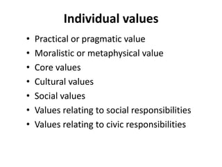 Individual values
• Practical or pragmatic value
• Moralistic or metaphysical value
• Core values
• Cultural values
• Social values
• Values relating to social responsibilities
• Values relating to civic responsibilities
 