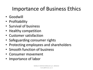 Importance of Business Ethics
• Goodwill
• Profitability
• Survival of business
• Healthy competition
• Customer satisfaction
• Safeguarding consumer rights
• Protecting employees and shareholders
• Smooth function of business
• Consumer movement
• Importance of labor
MANU H NATESH MBA,M.Com. BMSEAC
manu@bmsec.ac.in
 