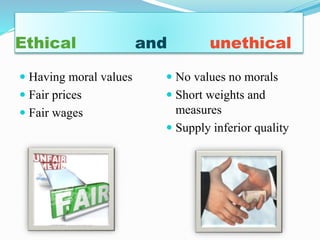 Ethical and unethical
Having moral values
Fair prices
Fair wages
No values no morals
Short weights and
measures
Supply inferior quality