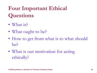 © 2005 by Nelson, a division of Thomson Canada Limited. 15
Four Important Ethical
Questions
• What is?
• What ought to be?...