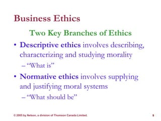 © 2005 by Nelson, a division of Thomson Canada Limited. 9
Business Ethics
Two Key Branches of Ethics
• Descriptive ethics ...