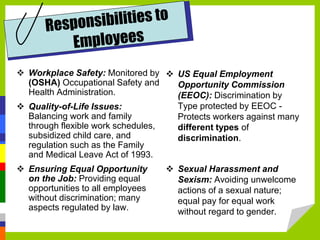  Workplace Safety: Monitored by
(OSHA) Occupational Safety and
Health Administration.
 Quality-of-Life Issues:
Balancing work and family
through flexible work schedules,
subsidized child care, and
regulation such as the Family
and Medical Leave Act of 1993.
 Ensuring Equal Opportunity
on the Job: Providing equal
opportunities to all employees
without discrimination; many
aspects regulated by law.
 US Equal Employment
Opportunity Commission
(EEOC): Discrimination by
Type protected by EEOC -
Protects workers against many
different types of
discrimination.
 Sexual Harassment and
Sexism: Avoiding unwelcome
actions of a sexual nature;
equal pay for equal work
without regard to gender.
 