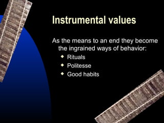 Instrumental values
As the means to an end they become
the ingrained ways of behavior:
 Rituals
 Politesse
 Good habits
 