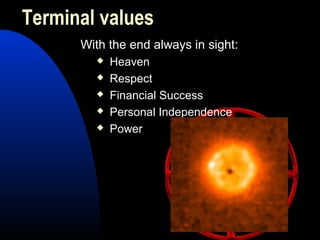 Terminal values
With the end always in sight:
 Heaven
 Respect
 Financial Success
 Personal Independence
 Power
 
