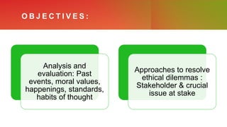 O B J E C T I V E S :
Analysis and
evaluation: Past
events, moral values,
happenings, standards,
habits of thought
Approaches to resolve
ethical dilemmas :
Stakeholder & crucial
issue at stake
 