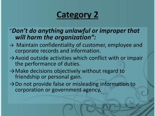 Category 2
“Don’t do anything unlawful or improper that
will harm the organization”:
→ Maintain confidentiality of customer, employee and
corporate records and information.
→Avoid outside activities which conflict with or impair
the performance of duties.
→Make decisions objectively without regard to
friendship or personal gain.
→Do not provide false or misleading information to
corporation or government agency.
 