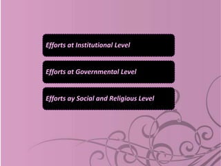 Efforts at Institutional Level
Efforts at Governmental Level
Efforts ay Social and Religious Level
 