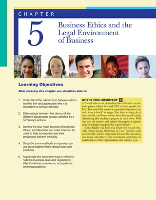 jon24565_ch05.qxd

11/2/05

1:22 PM

Page 138

C H A P T E R

5

Business Ethics and the
Legal Environment
of Business

Learning Objectives
After studying this chapter you should be able to:

1. Understand the relationship between ethics
and the law and appreciate why it is
important to behave ethically.
2. Differentiate between the claims of the
different stakeholder groups affected by a
company’s actions.
3. Identify the four main sources of business
ethics, and describe four rules that can be
used to help companies and their
employees behave ethically.
4. Describe some methods companies can
use to strengthen their ethical rules and
positions.
5. Appreciate the important ways in which a
nation’s business laws and regulations
affect business commerce, occupations,
and organizations.

WHY IS THIS IMPORTANT ?
A friend who is an A-student has offered to write
your paper, which is worth 25% of your grade, for
$50. You need the course to graduate because you
only have a low C average. You hate writing, do it
very poorly, and know others have had good results
submitting this student’s papers as their own. Will
you pay the money and submit the paper or submit
your own paper and pray for a good result?
This chapter will help you learn how to act ethically when facing dilemmas in your business and
personal life. This is important because the decisions
you make will affect your own future and those of
stakeholders of the organizations that employ you.

 