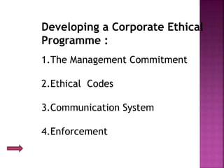 Developing a Corporate Ethical
Programme :
1.The Management Commitment
2.Ethical Codes
3.Communication System
4.Enforcement
 