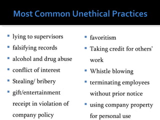    lying to supervisors         favoritism
   falsifying records           Taking credit for others’
   alcohol and drug abuse        work
   conflict of interest         Whistle blowing
   Stealing/ bribery            terminating employees
   gift/entertainment            without prior notice
    receipt in violation of      using company property
    company policy                for personal use
 