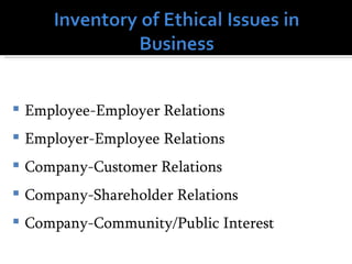    Employee-Employer Relations
   Employer-Employee Relations
   Company-Customer Relations
   Company-Shareholder Relations
   Company-Community/Public Interest
 