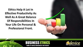Ethics Help A Lot In
Effective Productivity As
Well As A Great Balance
Of Responsibilities In
Your Life On Personal &
Professional Front.
 