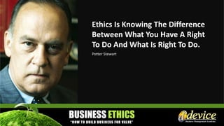 Ethics Is Knowing The Difference
Between What You Have A Right
To Do And What Is Right To Do.
Potter Stewart
 