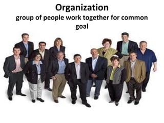 Organization
group of people work together for common
goal
 