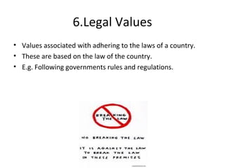 6.Legal Values
• Values associated with adhering to the laws of a country.
• These are based on the law of the country.
• E.g. Following governments rules and regulations.
 