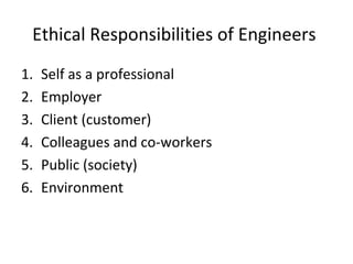 Ethical Responsibilities of Engineers
1. Self as a professional
2. Employer
3. Client (customer)
4. Colleagues and co-workers
5. Public (society)
6. Environment
 