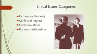 Ethical Issues Categories
Fairness and honesty
Conflict of interest
Communications
Business relationships
 