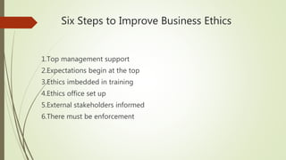 Six Steps to Improve Business Ethics
1.Top management support
2.Expectations begin at the top
3.Ethics imbedded in training
4.Ethics office set up
5.External stakeholders informed
6.There must be enforcement
 