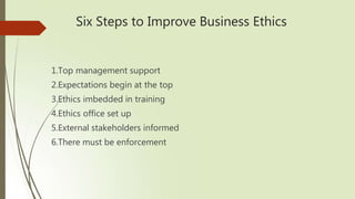 Six Steps to Improve Business Ethics
1.Top management support
2.Expectations begin at the top
3.Ethics imbedded in training
4.Ethics office set up
5.External stakeholders informed
6.There must be enforcement
 