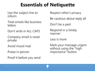 Use the subject line to
inform
Treat emails like business
letters
Don’t write in ALL CAPS
Company email is never
private
Avoid mood mail
Praise in person
Proof it before you send
Respect other’s privacy
Be cautious about reply all
Don’t be a pest
Respond in a timely
manner
Less is more
Mark your message urgent
without using the “high
importance” button
Essentials of Netiquette
 
