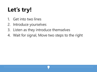 Let’s try!
1. Get into two lines
2. Introduce yourselves
3. Listen as they introduce themselves
4. Wait for signal, Move two steps to the right
 