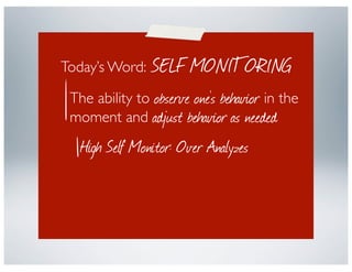 SELF MONITORING
Today’s Word:

 The ability to observe one’s behavior in the
 moment and adjust behavior as needed
   High...