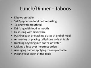 Lunch/Dinner - Taboos
•   Elbows on table
•   Salt/pepper on food before tasting
•   Talking with mouth full
•   Drinking with food in mouth
•   Gesturing with silverware
•   Pushing back or stacking plates at end of meal
•   Answering or placing cell phone calls at table
•   Dunking anything into coffee or water
•   Making a fuss over incorrect orders
•   Arranging hair or applying makeup at table
•   Picking your teeth at the table
 