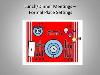 Lunch/Dinner Meetings –
  Formal Place Settings
 