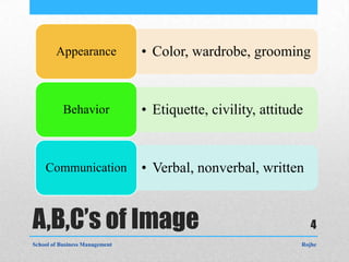 Appearance              • Color, wardrobe, grooming


           Behavior             • Etiquette, civility, attitude


    Communication               • Verbal, nonverbal, written


A,B,C’s of Image                                                  4
School of Business Management                                 Rojhe
 
