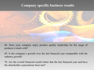 Company specific business results

68. Does your company enjoy product quality leadership for the range of
products it deals with?
69. Is the company’s growth over the last financial year comparable with the
industry growth?
70. Are the overall financial results better that the last financial year and have
the shareholder expectations been met?

 