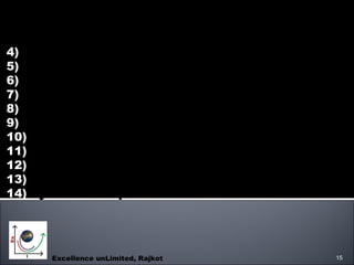 Excellence unLimited, Rajkot 11 Core Values, which is foundation of these awards are – Visionary Leadership,  Customer driven excellence, Organizational and Personal Learning, Valuing Employees and Partners, Agility, Focus on the Future, Managing for Innovation, Management by Fact, Social Responsibility, Focus on Results and Creating Value, Systems Perspective.  